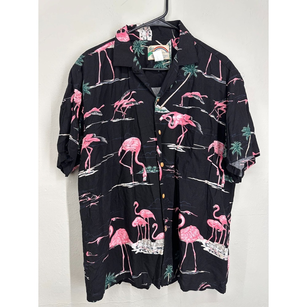 VTG Paradise Found Hawaiian Shirt Mens LARGE Black Pink Flamingo Tropical Button